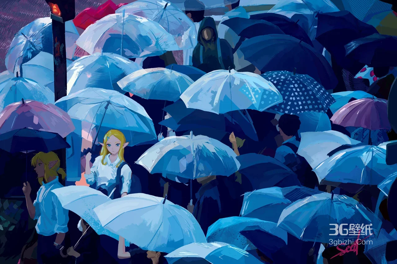 精灵耳少女·雨夜伞海 二次元插画风电脑壁纸（雨夜人群打伞壁纸）1
