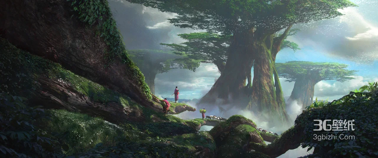 古风人物探险·奇幻巨树森林 国风唯美插画 宽屏电脑壁纸1