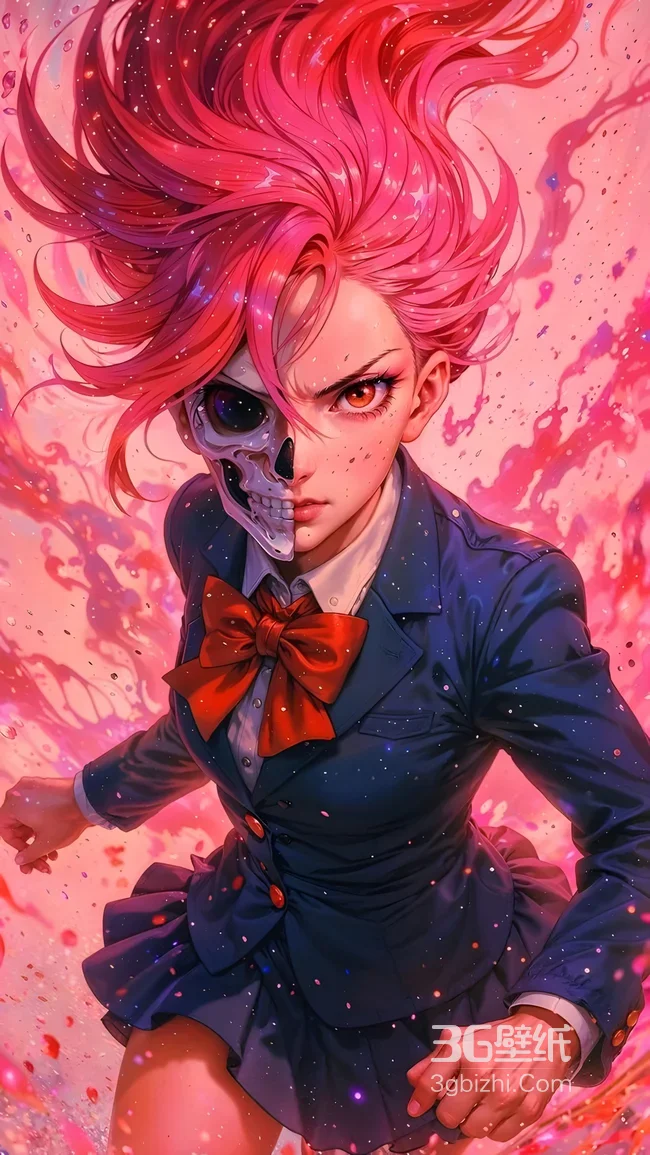 半骷髅JK少女·红发怒焰 二次元暗黑风原创插画 高燃手机壁纸1