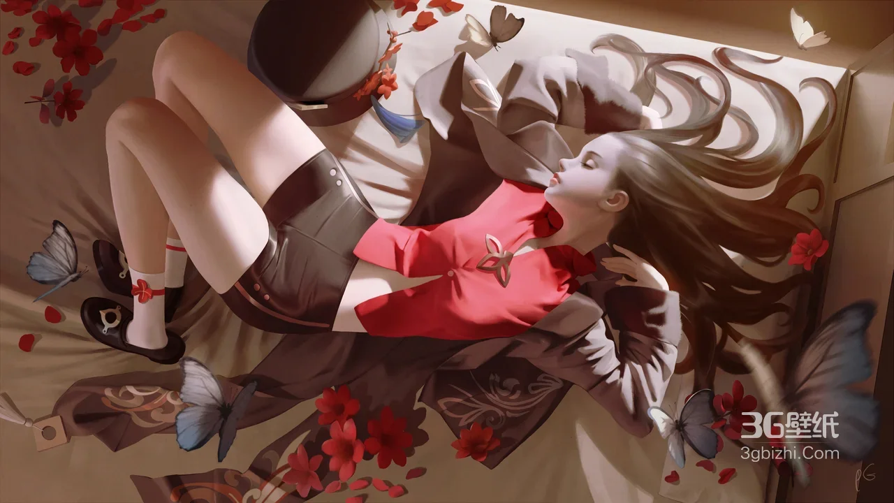 躺卧长发少女·蝶绕红樱 唯美国漫游戏风电脑壁纸1