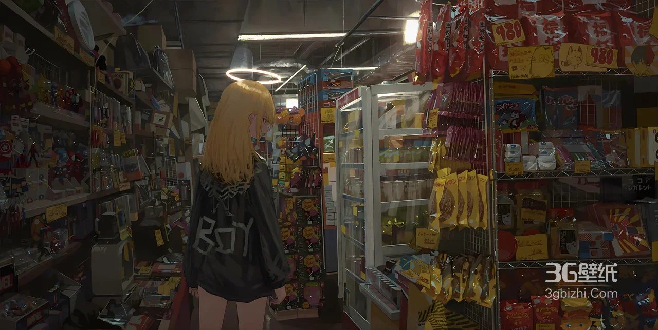 二次元金发少女深夜便利店 日系插画宽屏电脑壁纸1