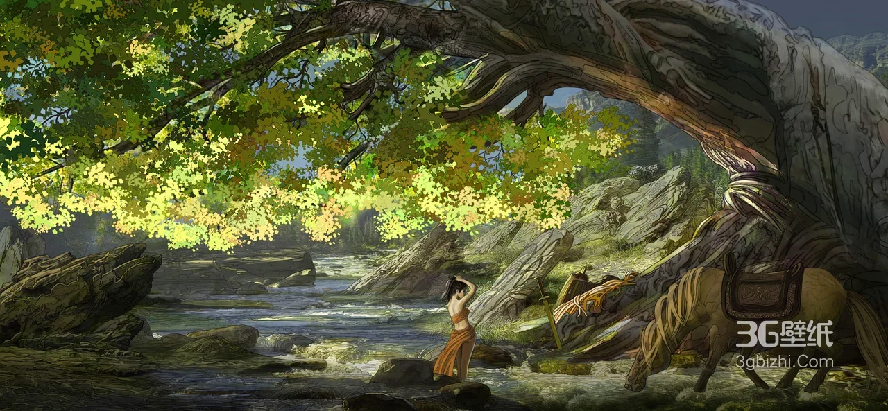 古风女子骏马溪边巨树·唯美游戏插画宽屏电脑壁纸1
