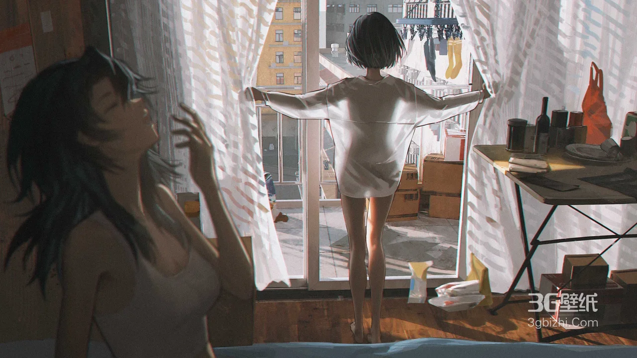公寓清晨双少女日常·写实二次元风 治愈生活电脑壁纸1