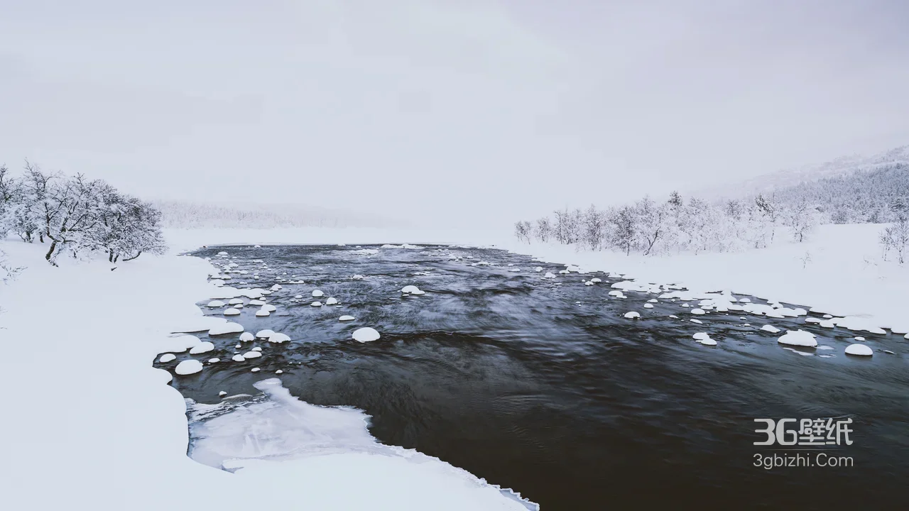 冬日雪原墨蓝河流雪景·唯美写实·雪国秘境宽屏电脑壁纸1