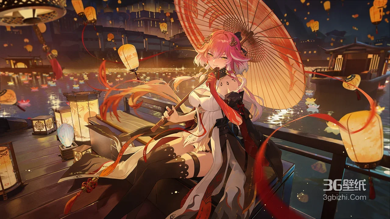 粉发古风少女·油纸伞 国风夜景宽屏电脑壁纸1