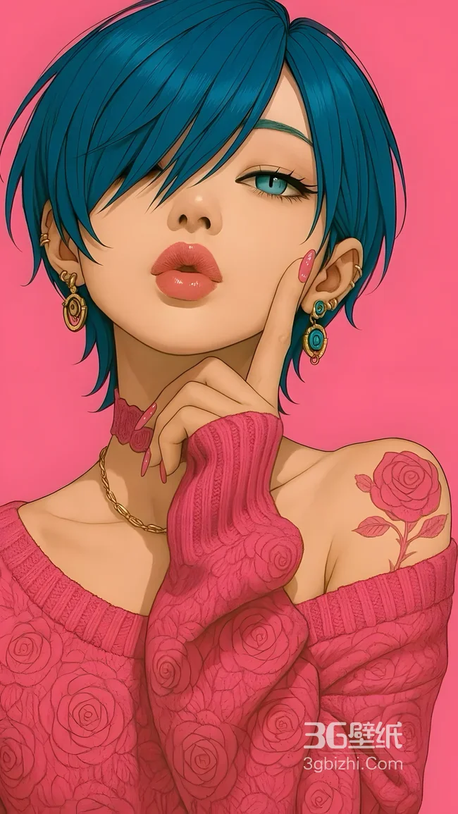 蓝发少女·玫瑰纹身粉毛衣 二次元插画风手机壁纸1