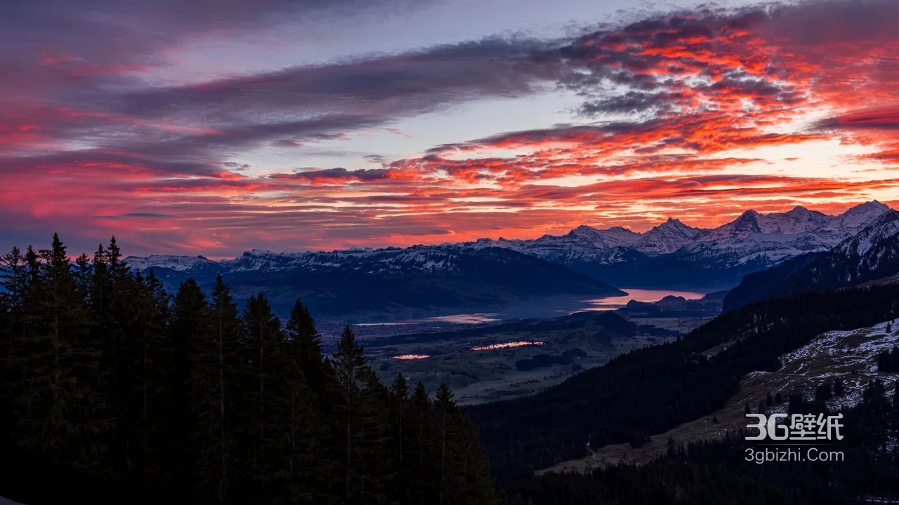 雪山湖泊森林·唯美日落风光 高清风景电脑壁纸1