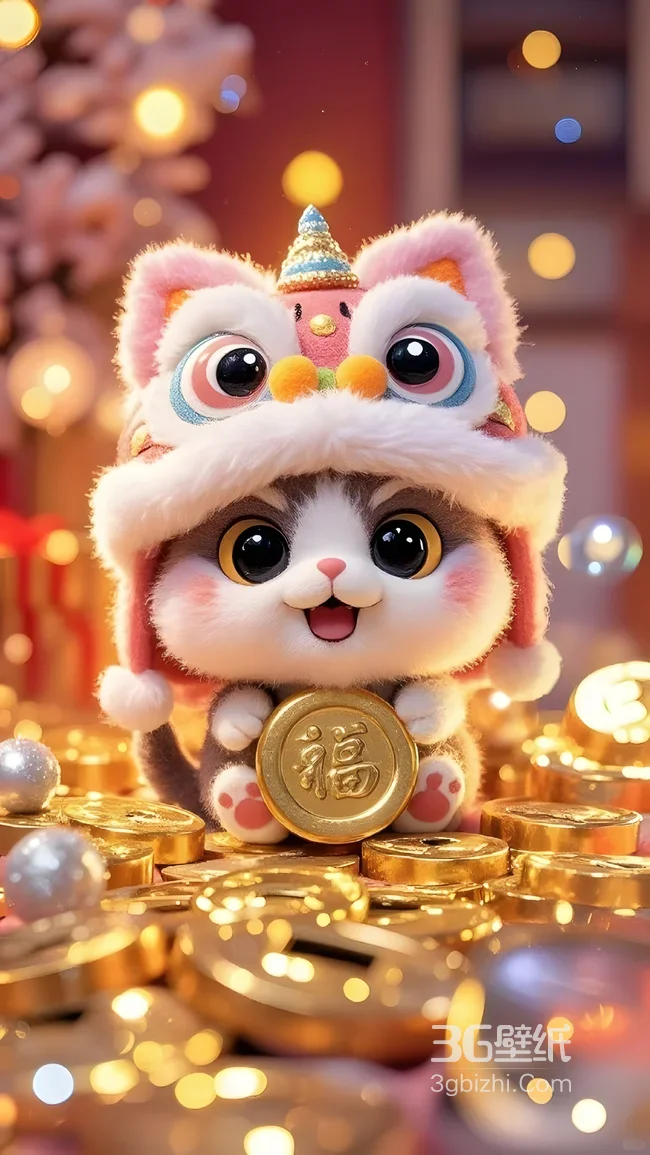 国风醒狮帽猫咪抱福字金币 喜庆手机壁纸热款1