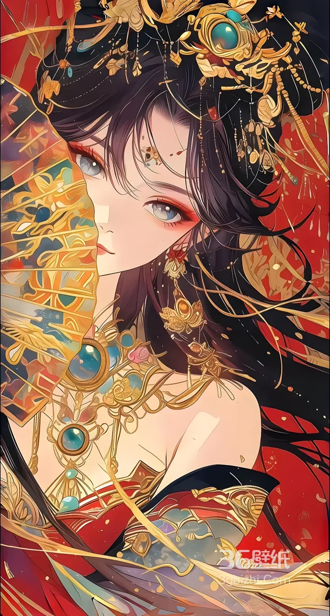 古风女子·华丽金饰蓝眸红妆·国风国漫手机壁纸 古风国潮1