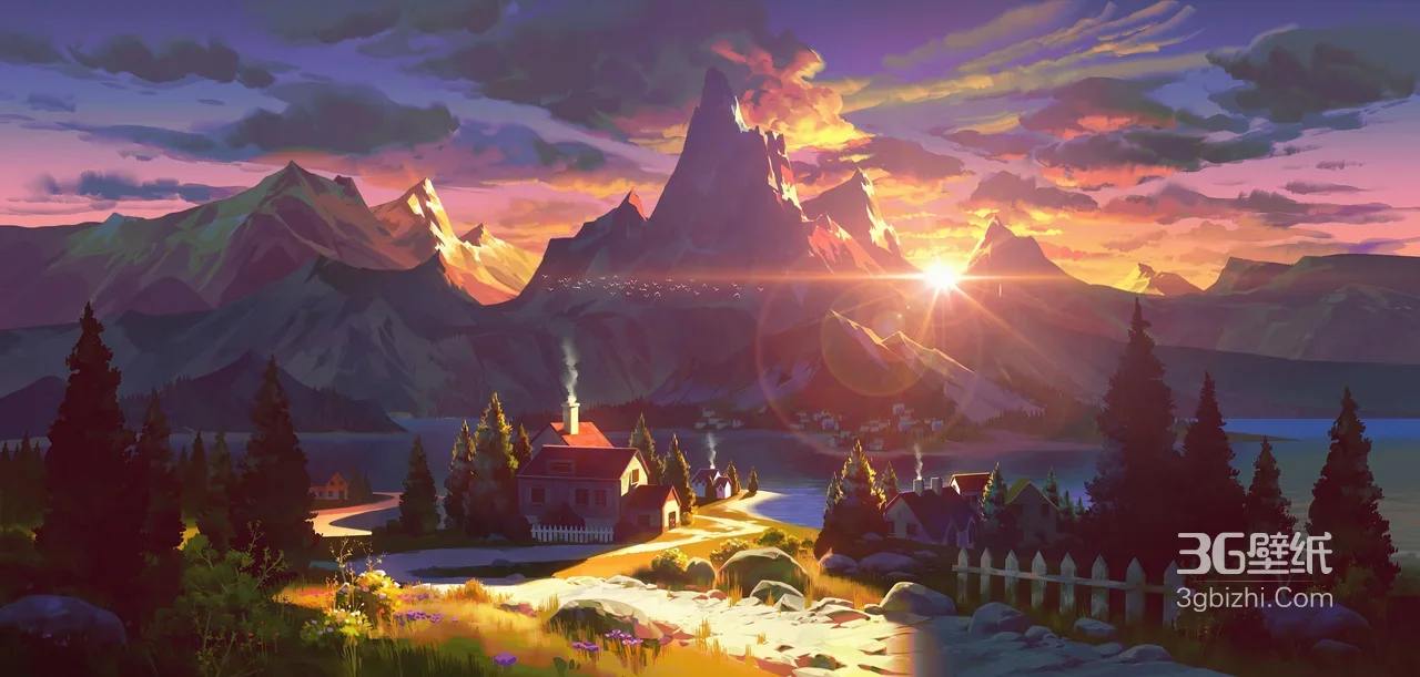 山间湖畔村落日落·唯美插画风宽屏电脑壁纸1