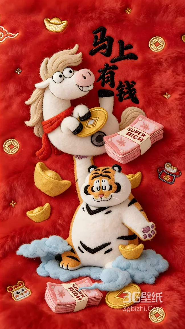 卡通马卡通虎国风毛绒新年招财壁纸 马上有钱喜庆氛围1