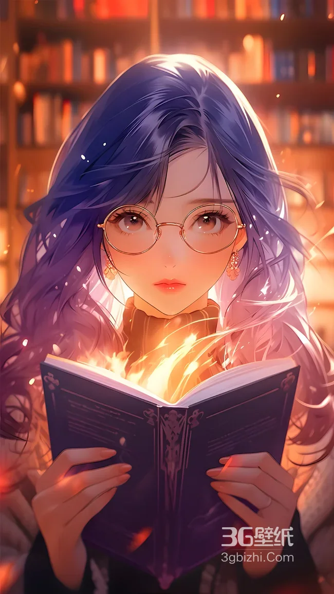 蓝紫发少女·发光书 二次元唯美暖光书架壁纸1