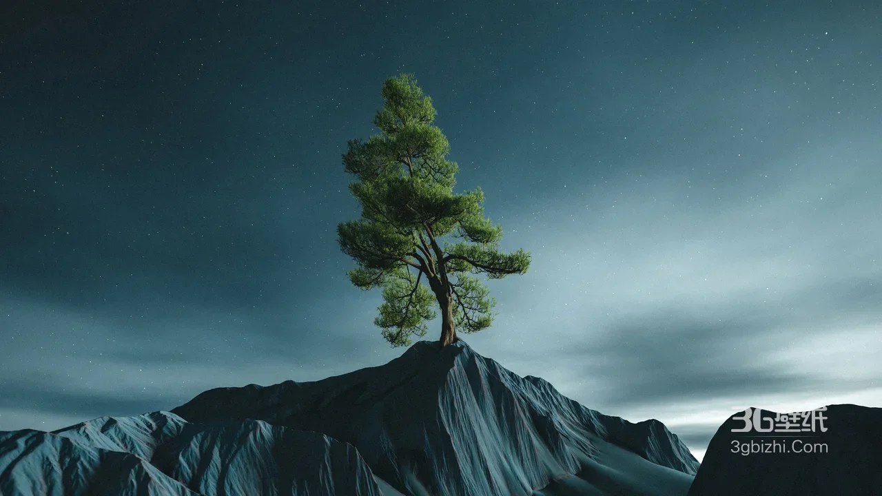 孤松立峰·唯美科幻风电脑壁纸 星空山峦意境1