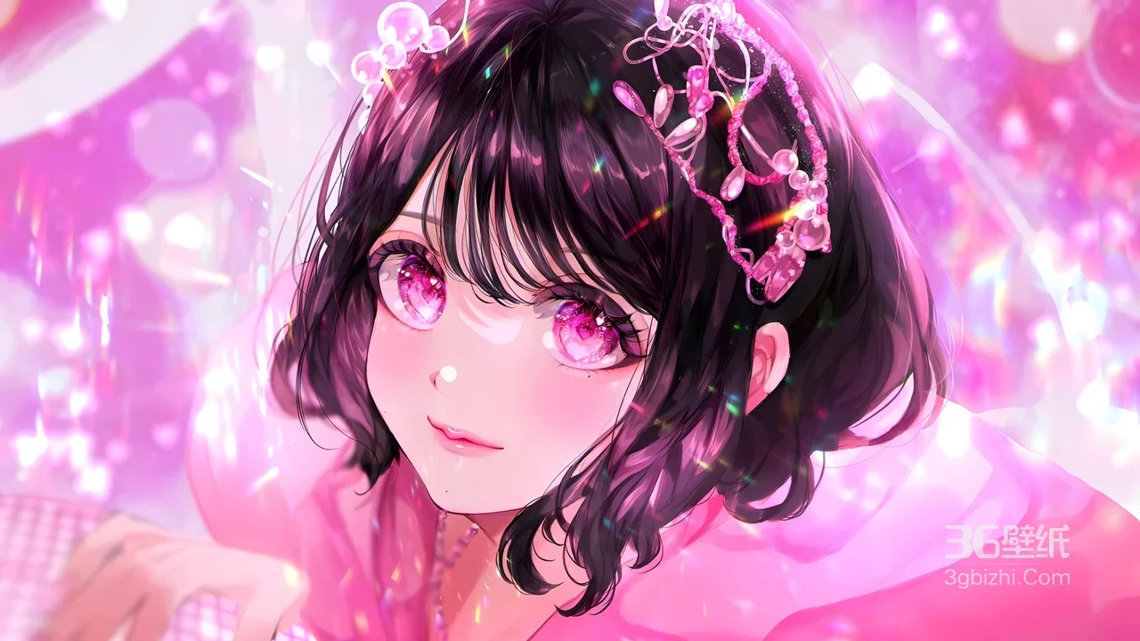 动漫少女·粉眸短发粉饰发饰 唯美梦幻风高清电脑桌面1