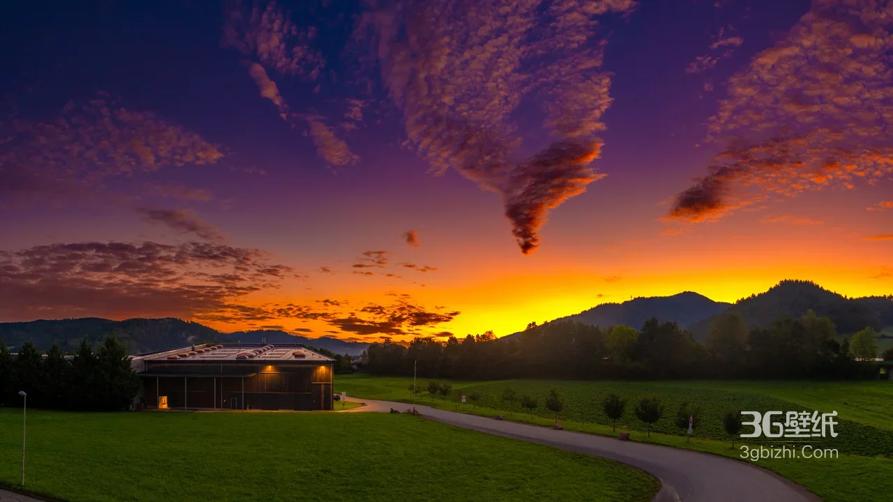 乡村黄昏田园建筑·唯美晚霞 治愈风景电脑壁纸1