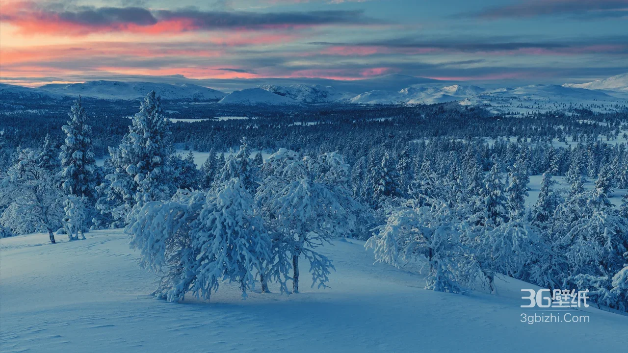 雪域山林·唯美霞光 冬季雪景桌面背景1