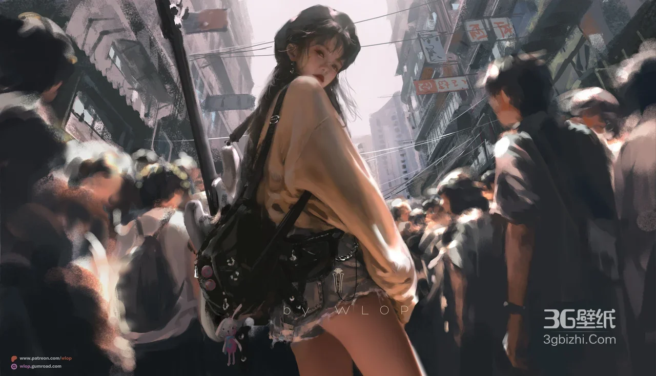 WLOP原创都市少女街头回眸·写实国漫风电脑壁纸1