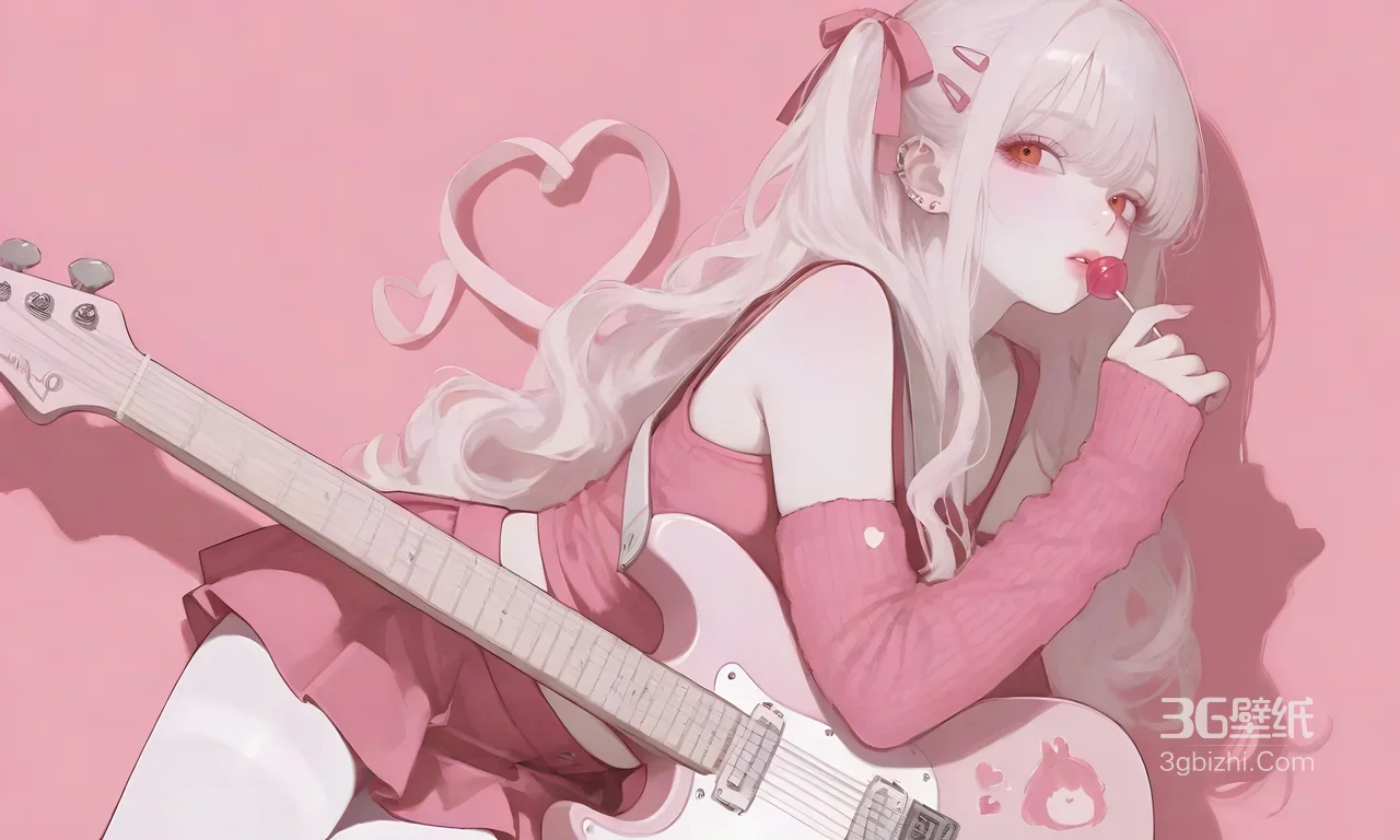 二次元粉系甜酷少女·吉他棒棒糖 唯美电脑壁纸1
