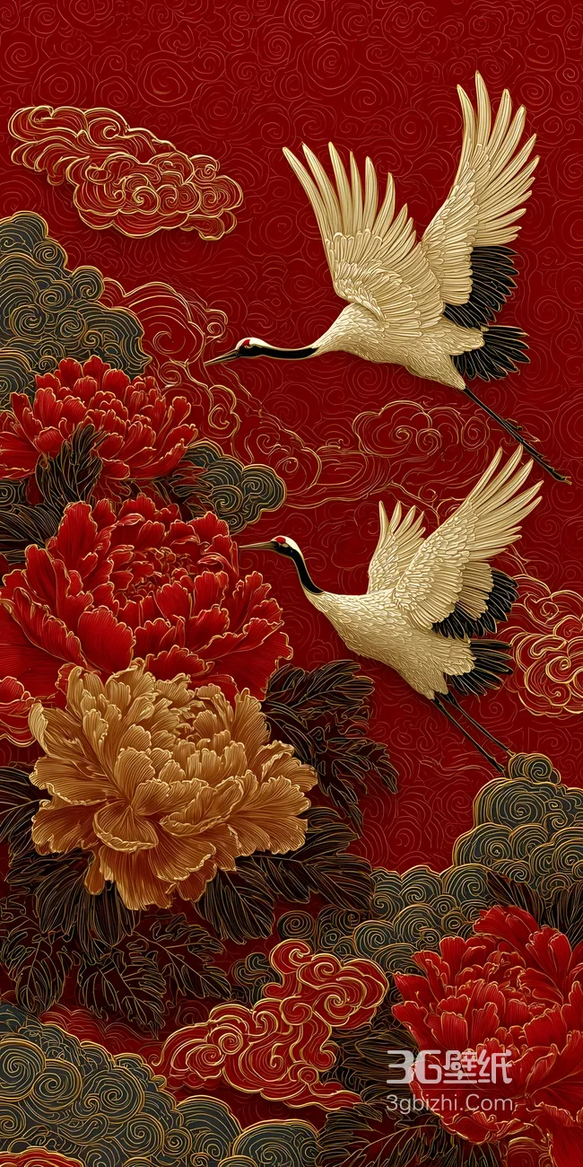 仙鹤牡丹祥云·国风精美手机壁纸（华贵祥瑞国风款）1