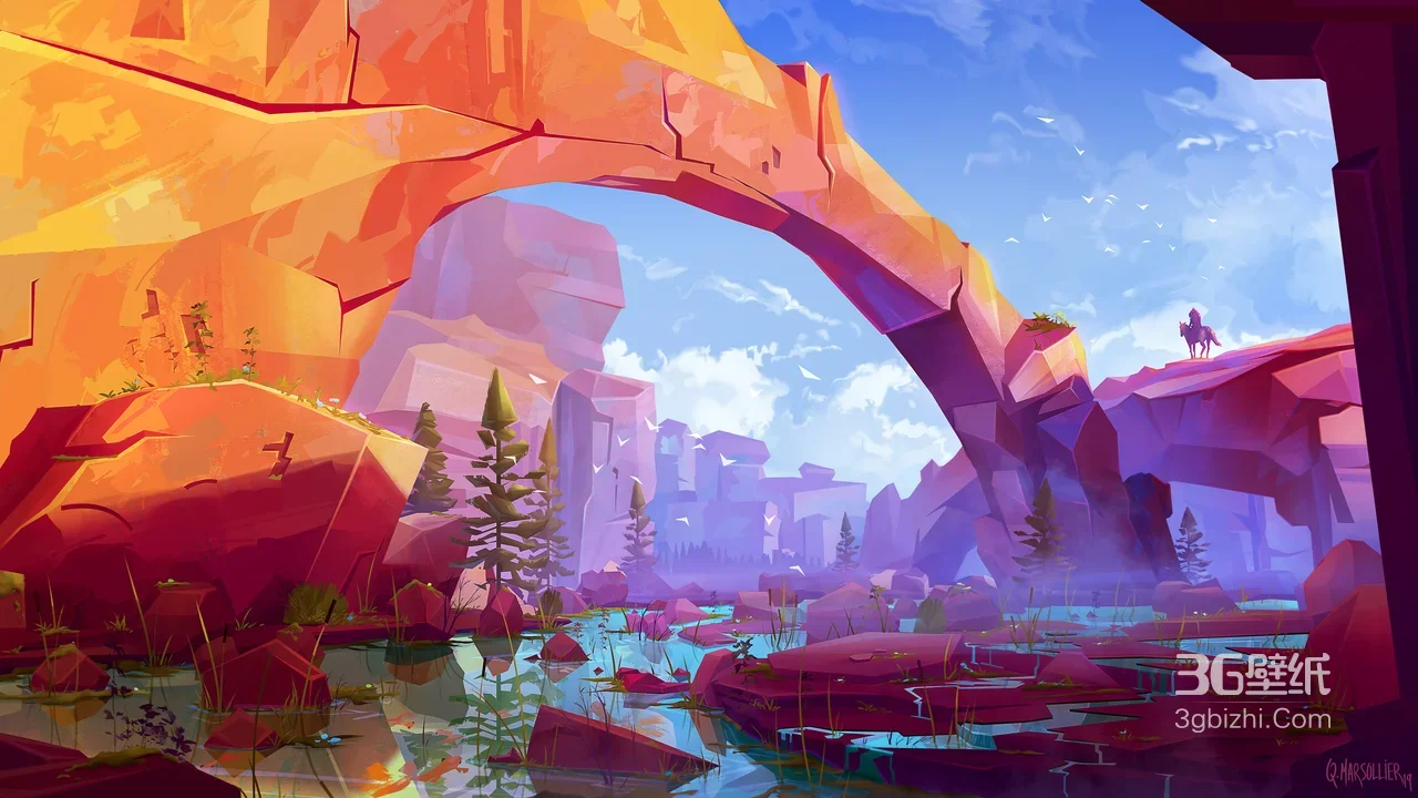 奇幻峡谷拱门水泽·骑马旅人 卡通插画风宽屏壁纸1