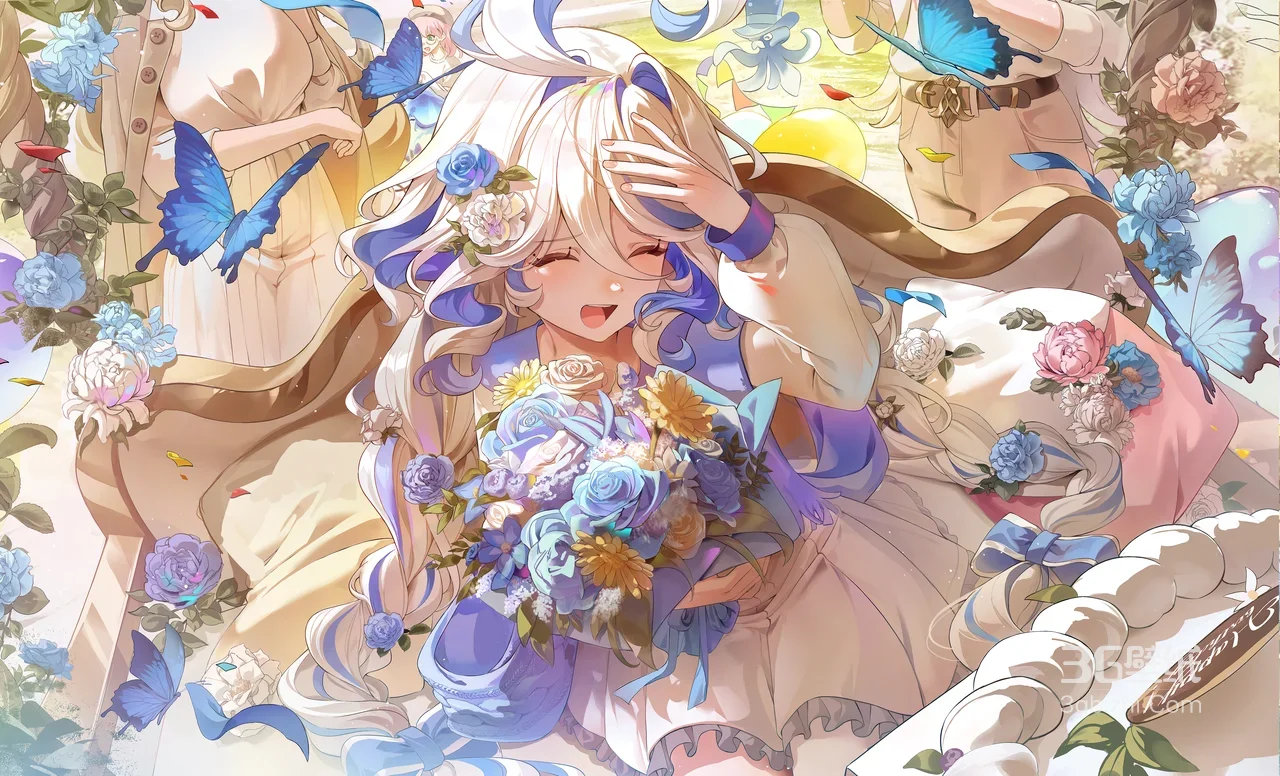蓝白长发动漫少女·持花束蝴蝶环绕·唯美二次元宽屏壁纸1