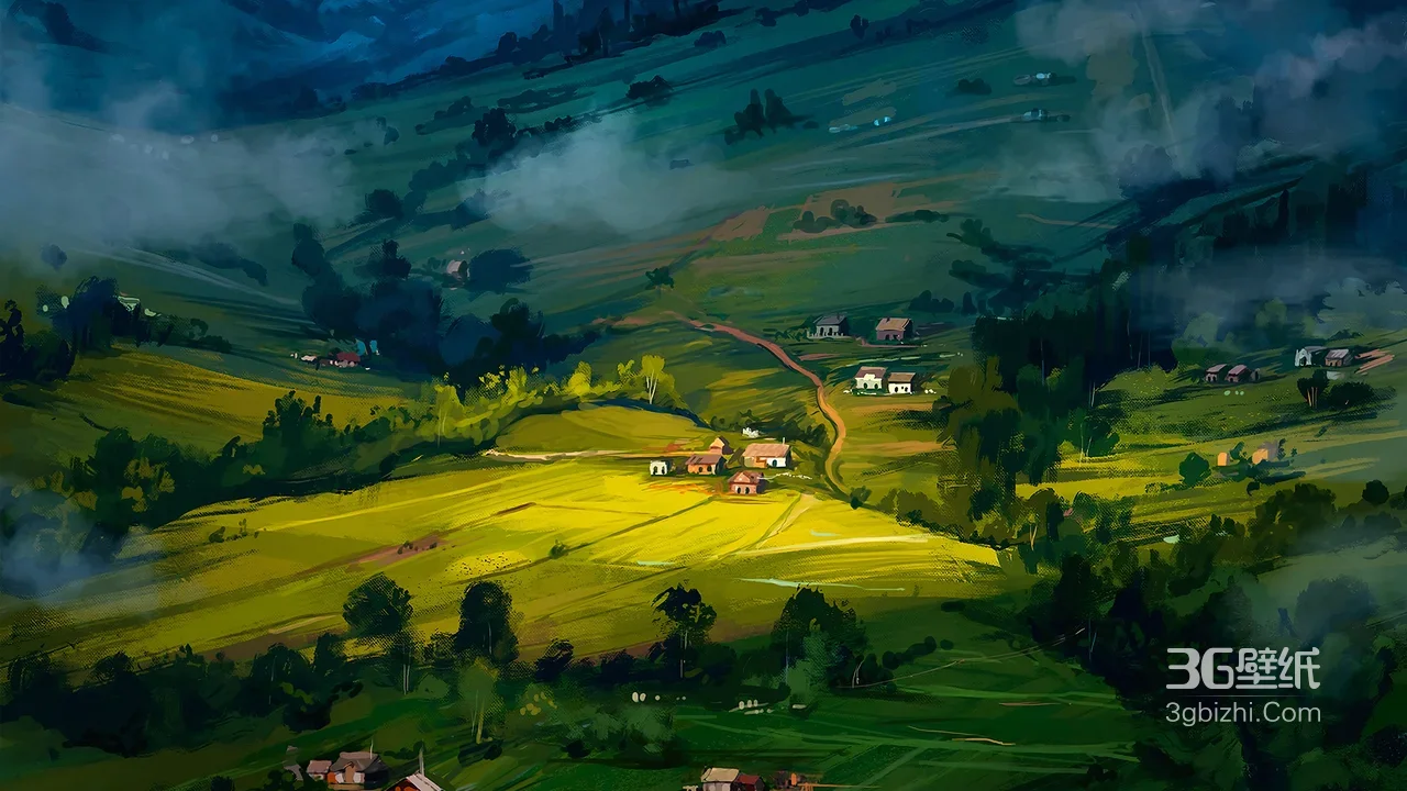 田园村庄·唯美写实 晨雾乡野风景电脑壁纸1