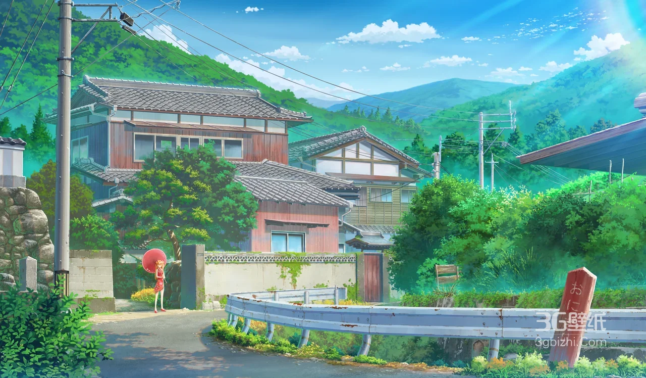 日系唯美动漫乡村街景·红伞女孩 清新画面1