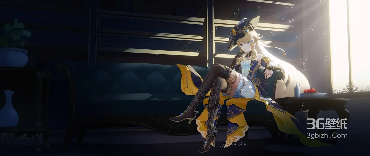 二次元唯美游戏角色·金发华丽洋装复古室内 宽屏车机壁纸1
