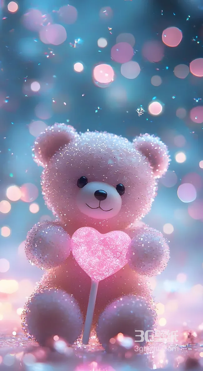 粉色闪钻小熊抱爱心棒棒糖 唯美梦幻光斑手机壁纸1