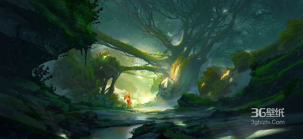 奇幻森林秘境·红衣旅人·唯美宽屏电脑壁纸（游戏场景风）1