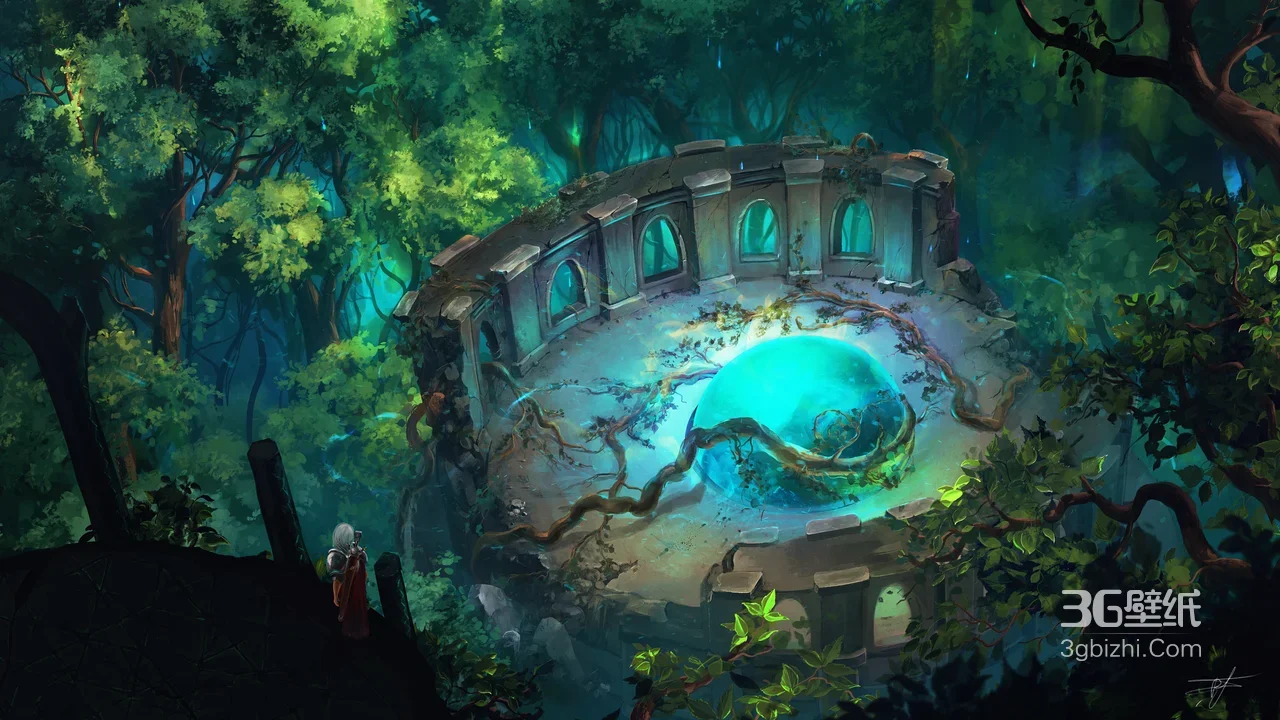 白发角色·森林遗迹发光球 奇幻游戏风电脑壁纸1