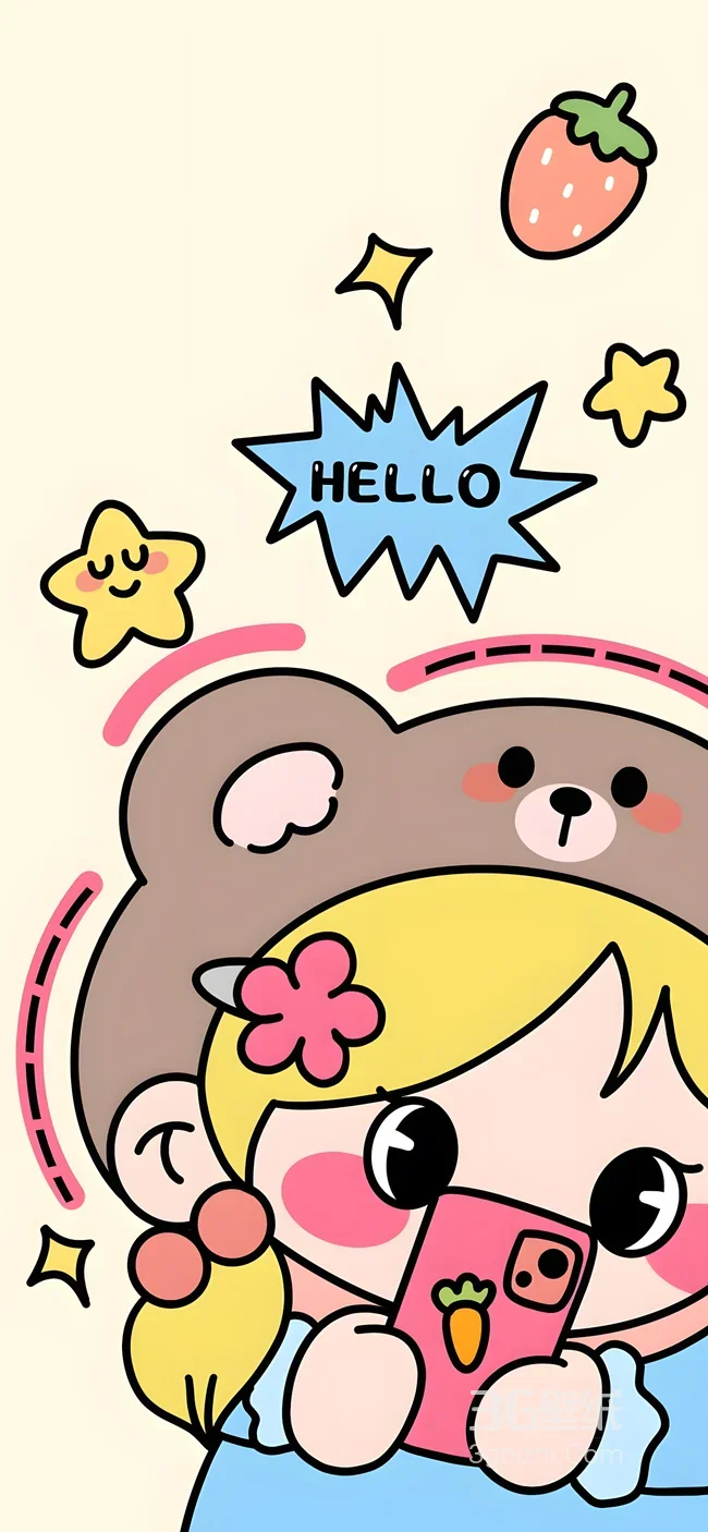 戴小熊帽女孩·软萌可爱风 草莓星星元素手机壁纸（可爱壁纸推荐）1