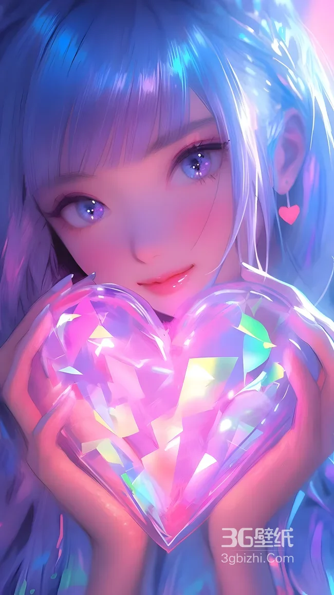 二次元梦幻少女捧水晶爱心 唯美手机壁纸1