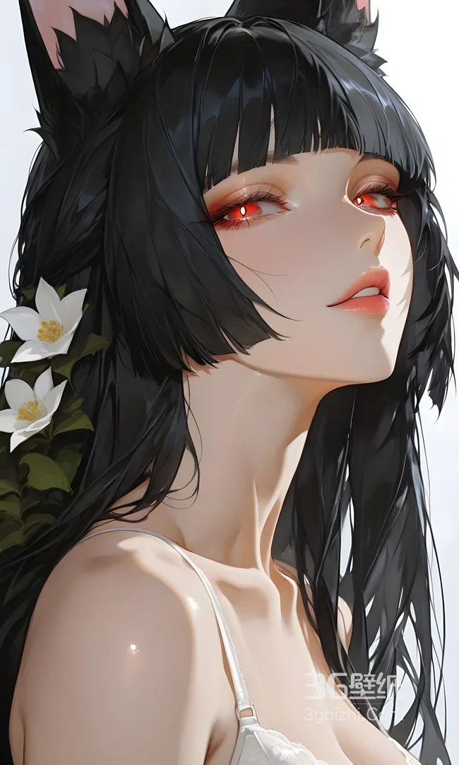 猫耳黑发少女·白花点缀 唯美写实二次元壁纸 高人气少女壁纸1