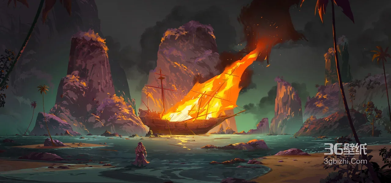 海岸孤者·燃烧古船·游戏插画风宽屏电脑壁纸（冒险主题）1