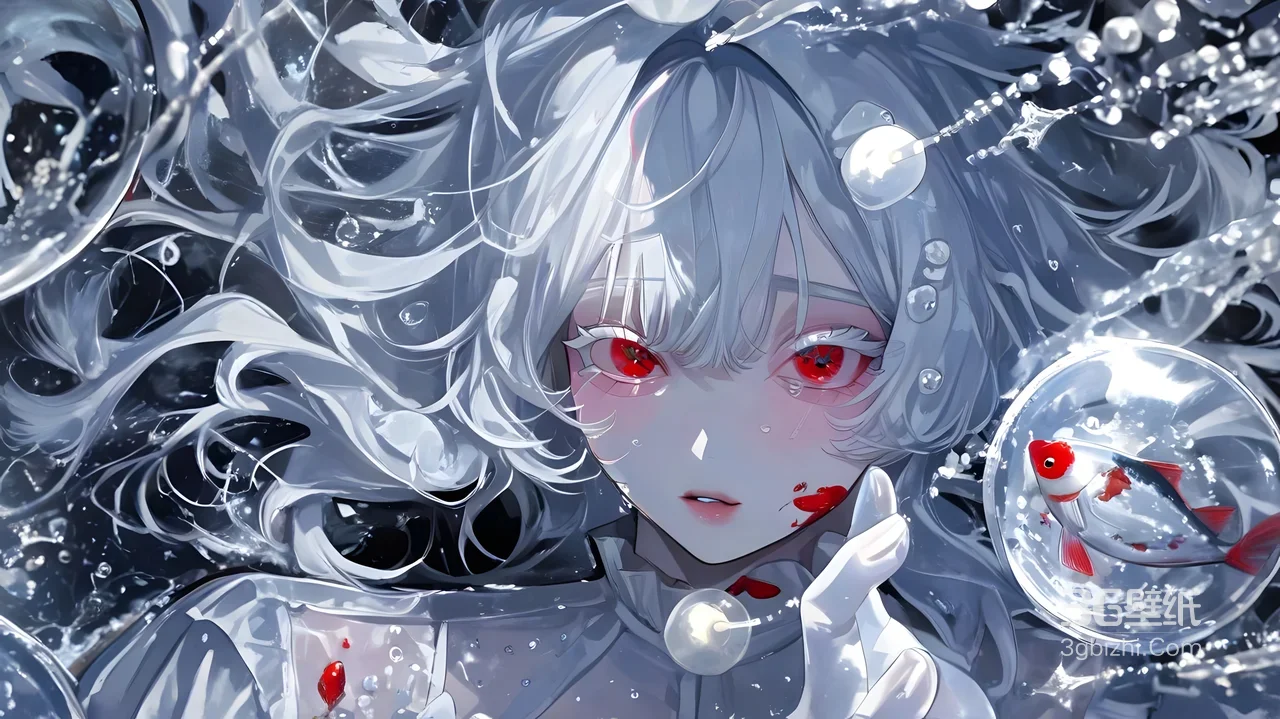 银发红瞳少女·血渍锦鲤泡泡 唯美暗黑动漫电脑壁纸1