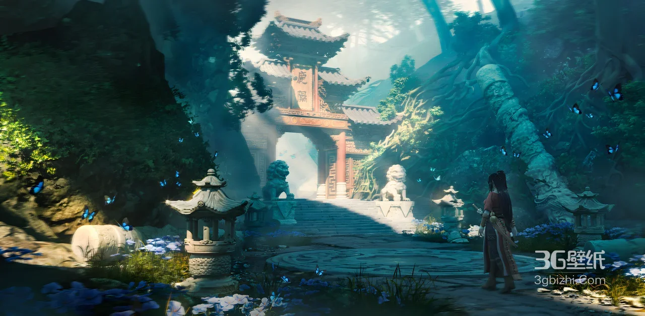 唯美国风游戏秘境 古风建筑蝴蝶环绕 仙侠冒险宽屏壁纸1