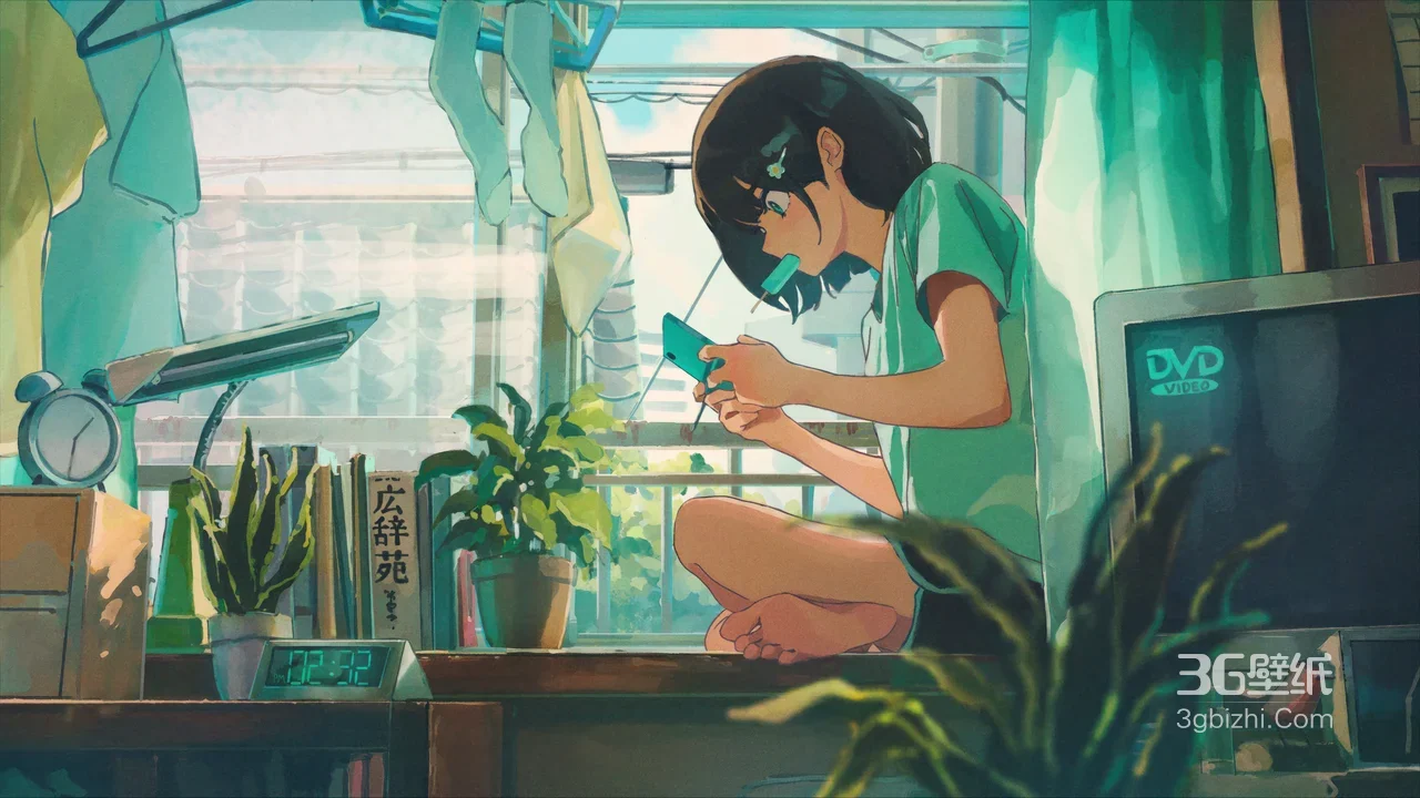 日系清新风动漫女孩·窗台玩机 原创插画治愈桌面背景1