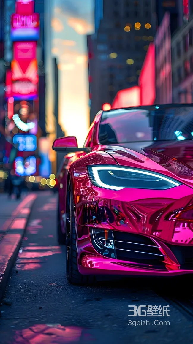 赛博朋克风红色特斯拉跑车·都市霓虹街道 超炫酷手机壁纸1