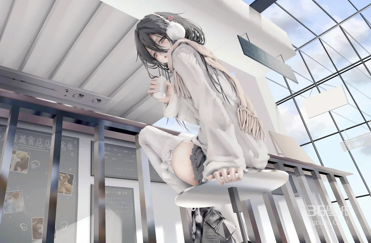 二次元灰发少女·耳机流苏毛衣 休闲坐姿唯美电脑壁纸1