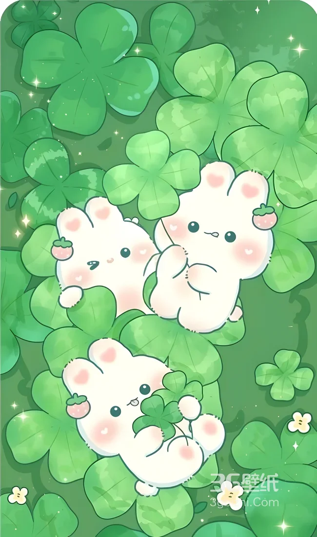 草莓萌兔·四叶草丛治愈国漫风手机壁纸推荐1