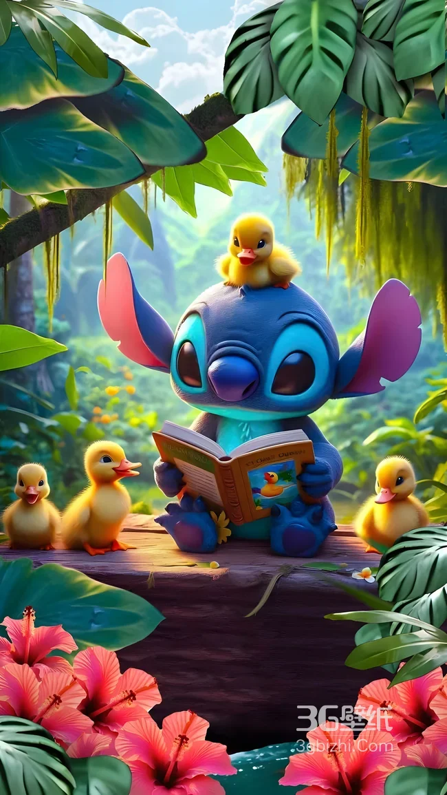 史迪仔·与小黄鸭阅读 迪士尼星际宝贝童话风 治愈系萌宠互动壁纸1