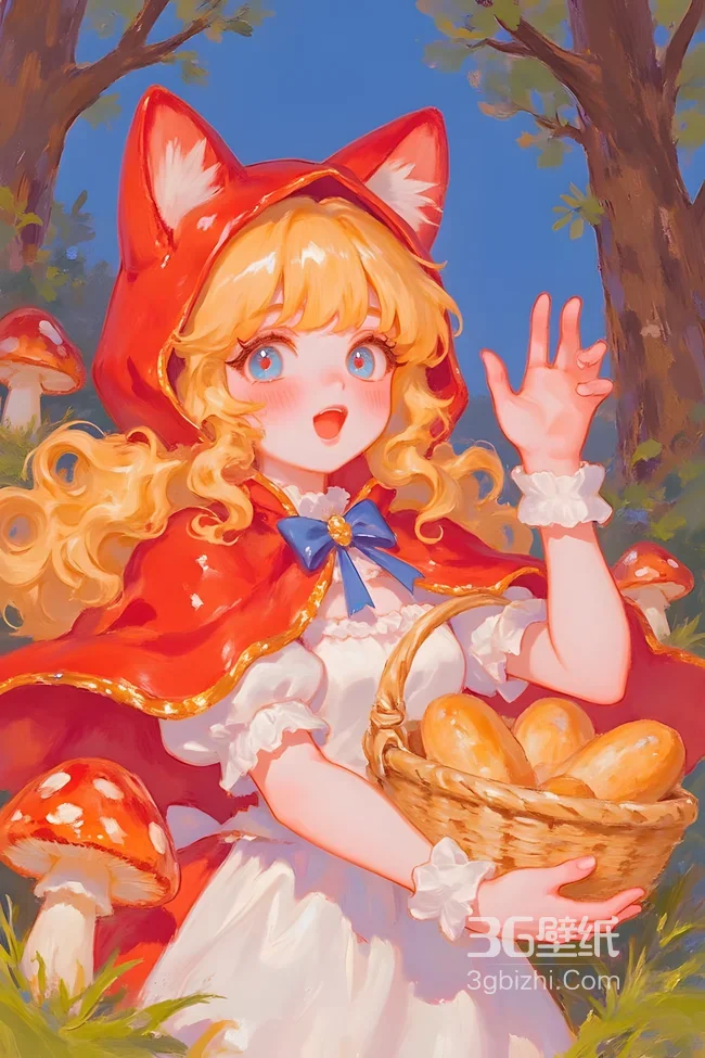 小红帽·狐狸耳斗篷 二次元唯美森林蘑菇面包壁纸 童话风1