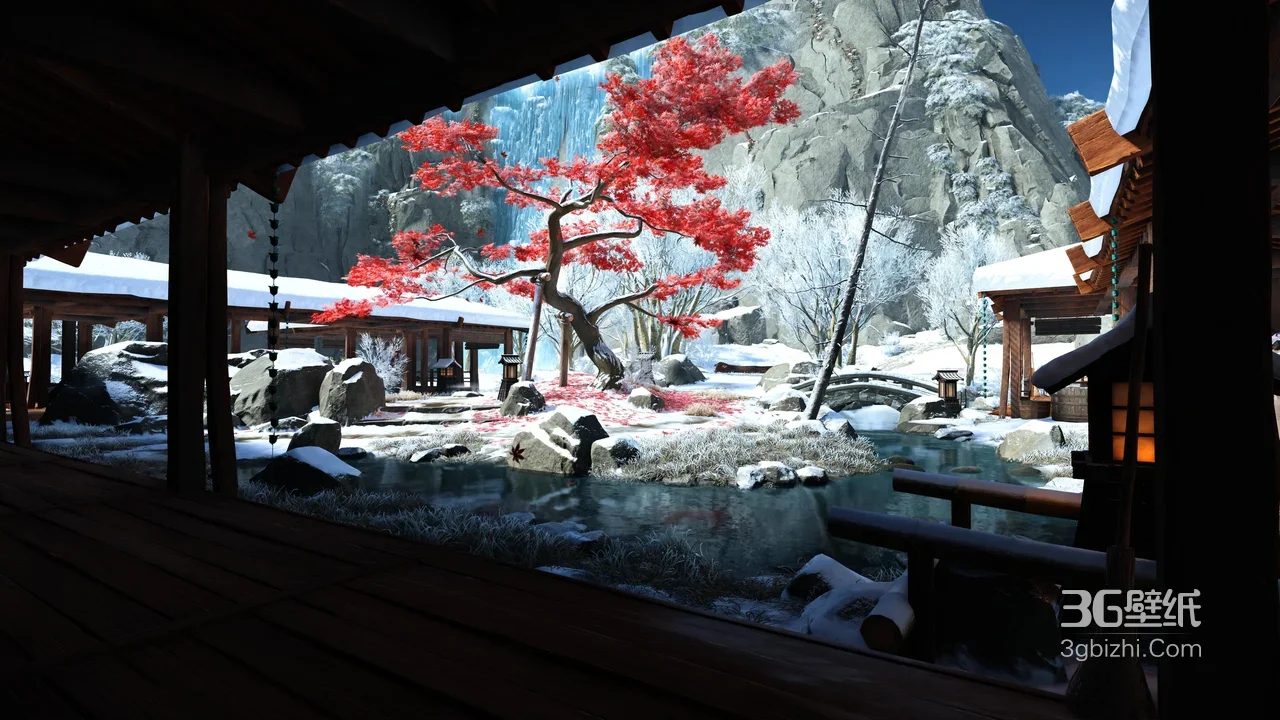 日式雪景庭院红枫禅意 国风游戏场景风 电脑壁纸1