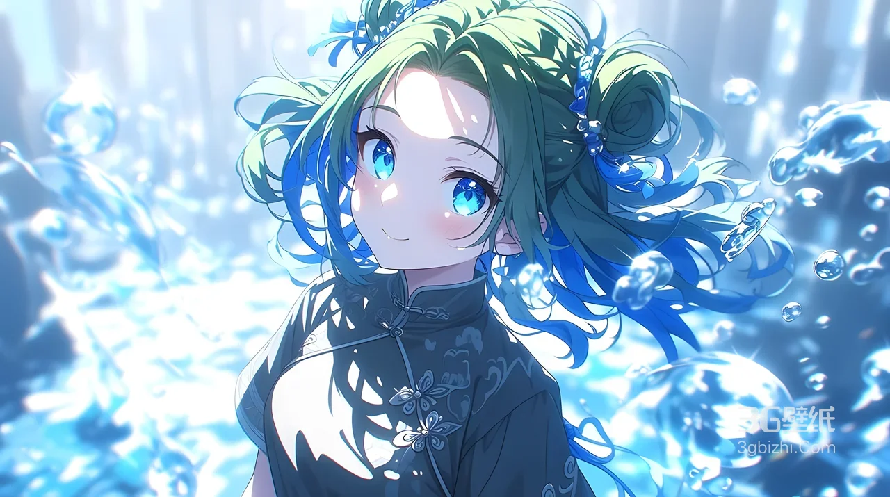 绿发蓝眸国风旗袍少女·唯美国漫插画 宽屏电脑壁纸1