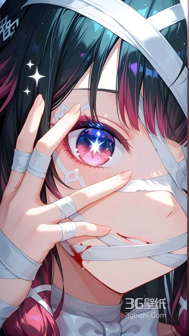 二次元星空眼少女·绷带渐变发色 唯美插画手机壁纸1