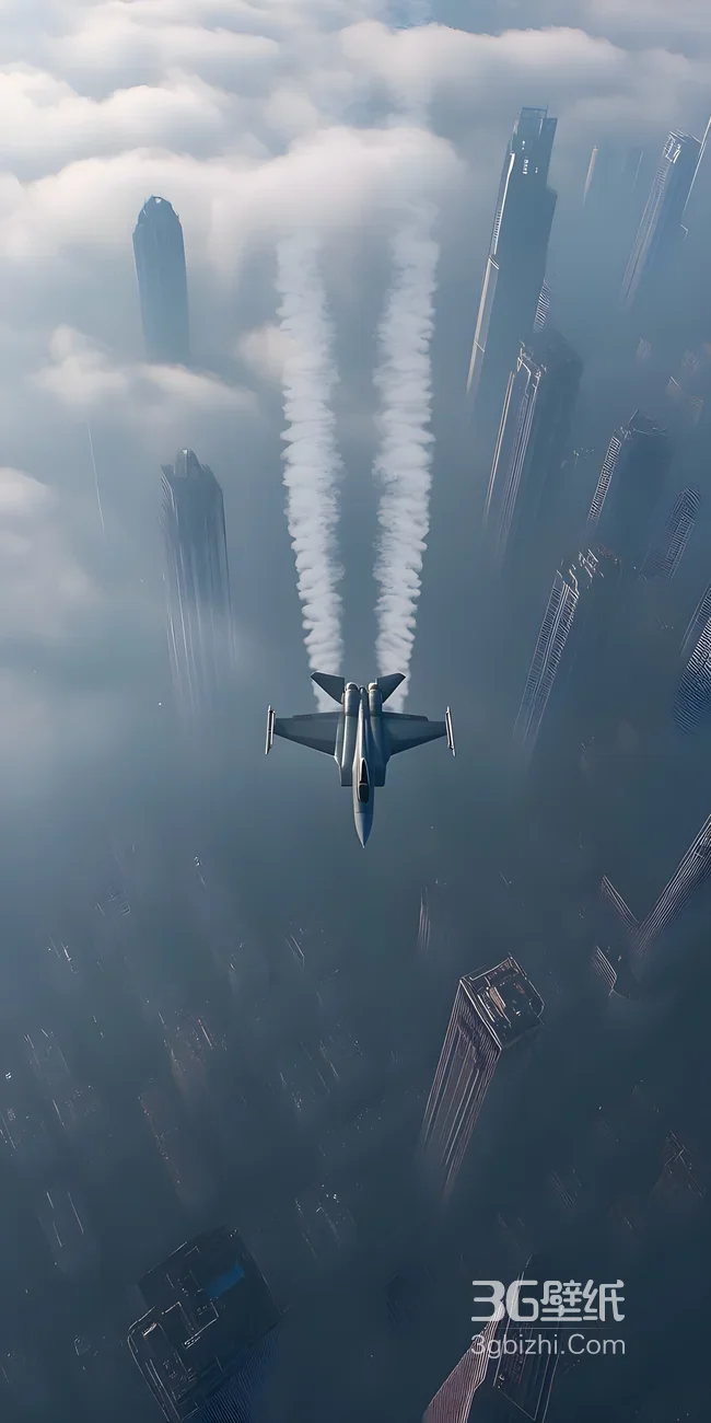 喷气式战机穿越雾都摩天楼·科幻写实风手机壁纸1