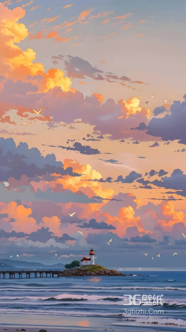 海边灯塔云海日落·唯美插画风手机壁纸1