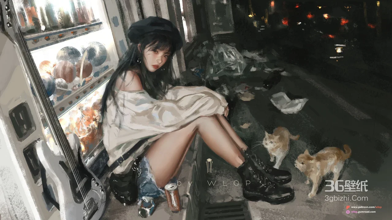 戴贝雷帽少女·猫咪吉他 WLOP写实风都市夜街电脑壁纸1