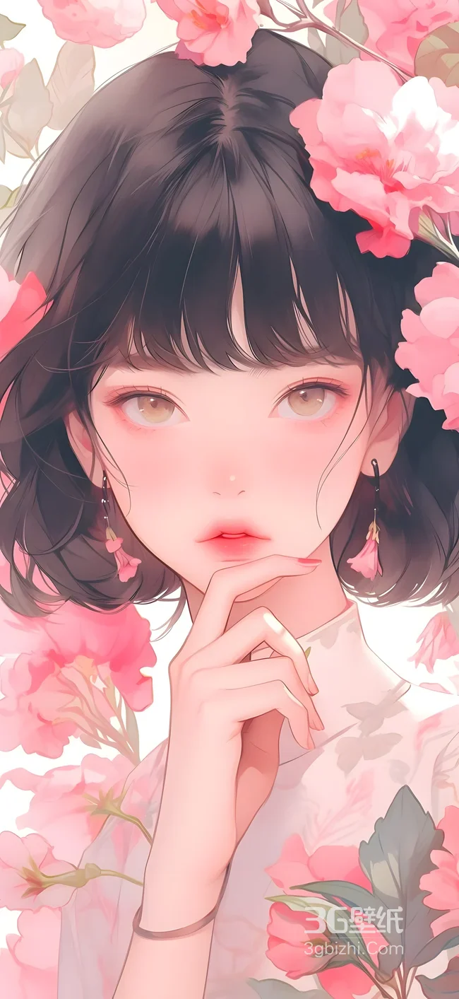 短发少女·粉色花簇环绕 唯美插画风 高人气竖屏壁纸1